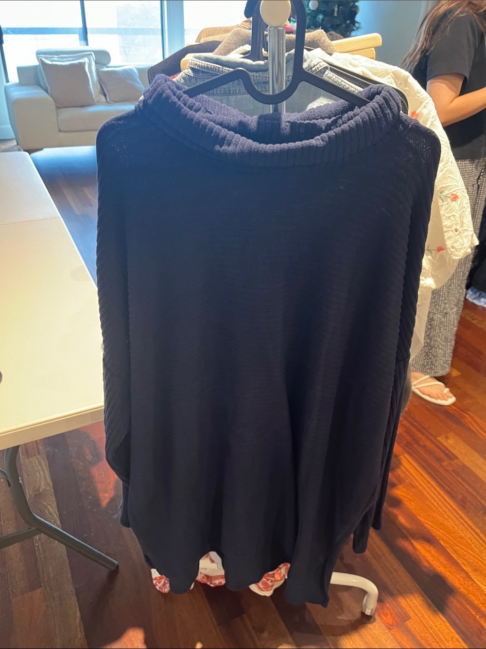Time and Tru Navy Ribbed Cowl Neck Pullover